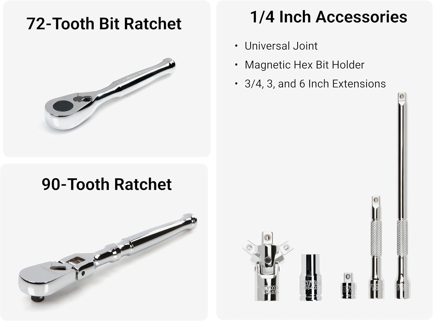 TEKTON 1/4 Inch Drive 6-Point Small Engine Shallow Socket, Bit, and Flex Head Non-Quick-Release Ratchet Set with Case (50-Piece) | SKT07903