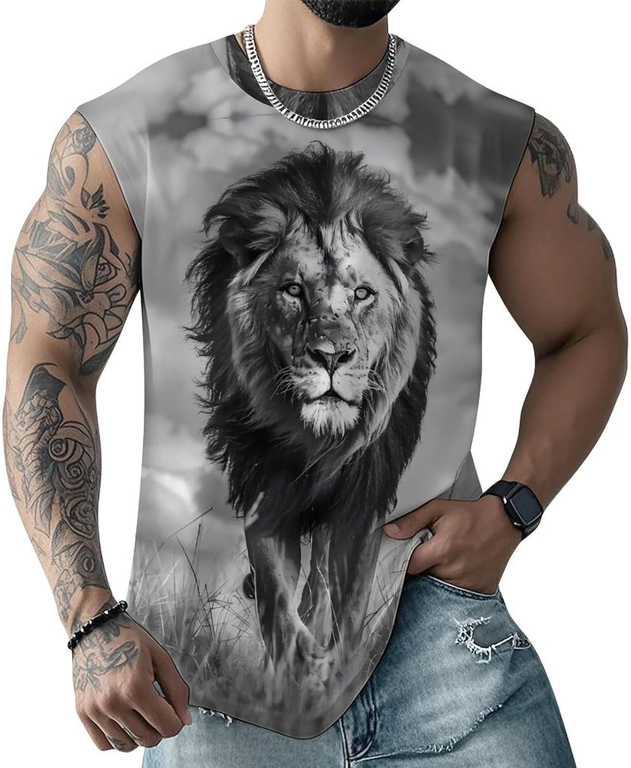 Lion Walking Men Summer Sleeveless Crew Neck Top 5XL
