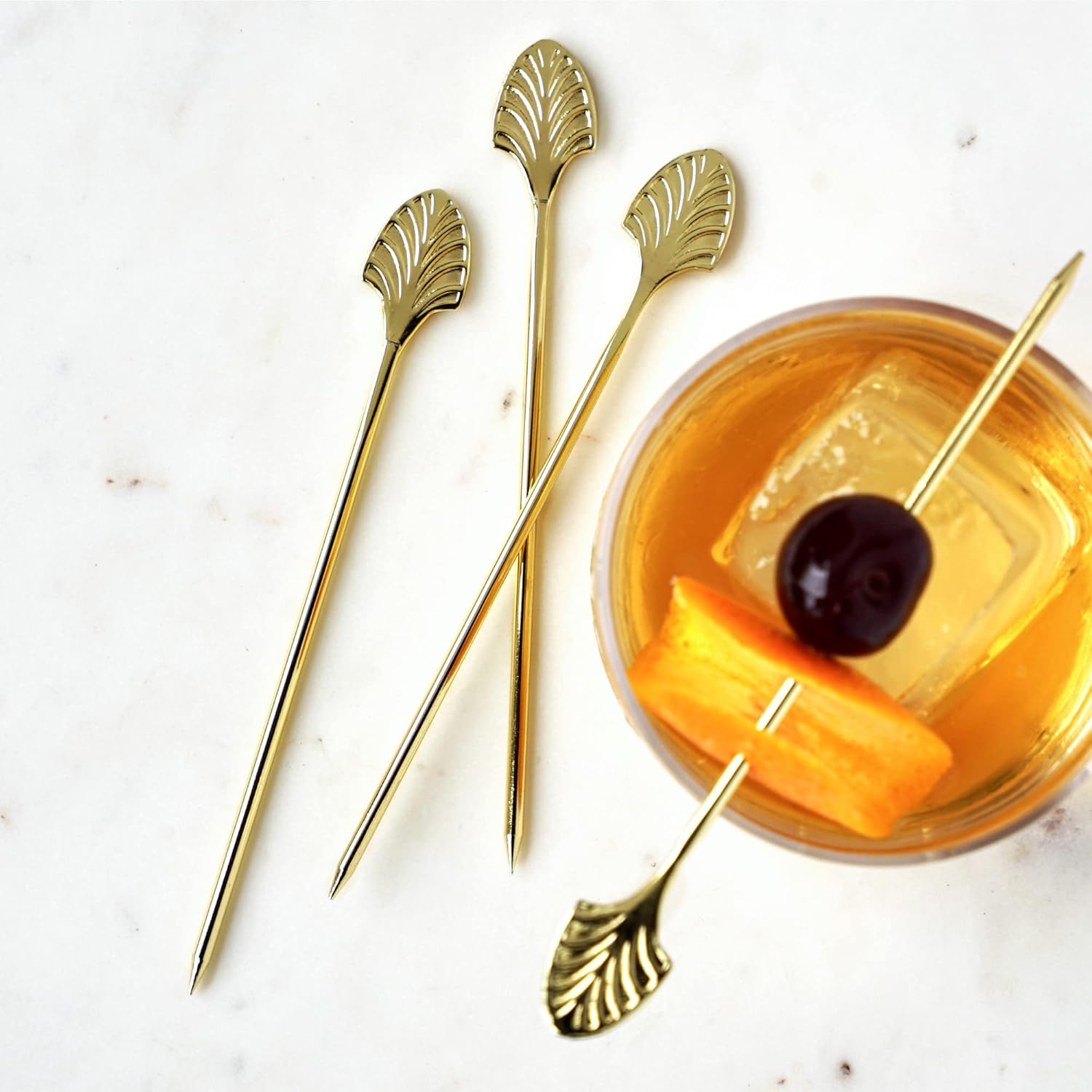 Viski Gold Art Deco Cocktail Picks, Stainless Steel Cocktail Picks for Drinks, Garnish Picks, Cocktail Skewers, Barware Accessories, 5in, Set of 4