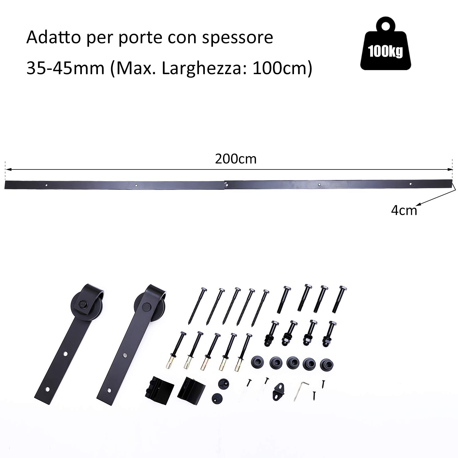 HOMCOM 200cm Binario per Porta Scorrevole Kit Accessori con Binario e Rulli Portata 100kg Acciaio al Carbonio 200×4×0.6cm