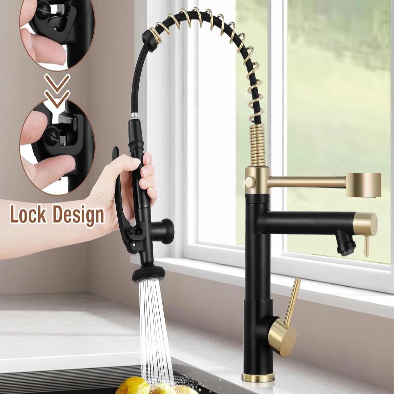 Smart Kitchen Faucet, 3 Modes Pull Down Sprayer, LED Temperature Control, Ceramic Valve,360-Degree Rotation,1 or 3 Hole Deck Plate, Double Spout. 10-Year Warranty. (KW-29RK, Gold/Black)