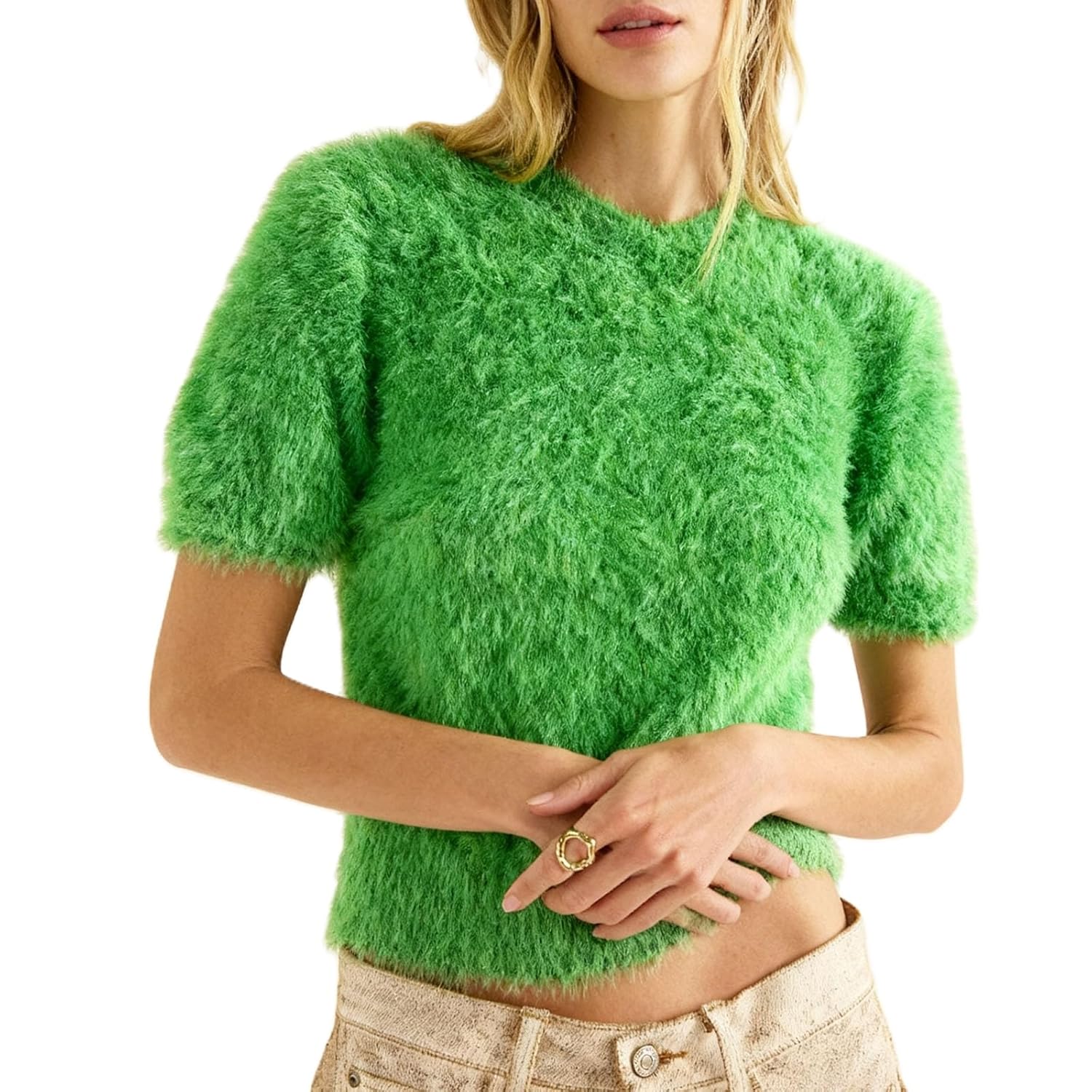Women Cute Furry Cropped Sweater Solid Short Sleeve Soft Fuzzy Back Bow Tie Knit Tops Streetwear Going Out