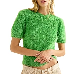 Women Cute Furry Cropped Sweater Solid Short Sleeve Soft Fuzzy Back Bow Tie Knit Tops Streetwear Going Out