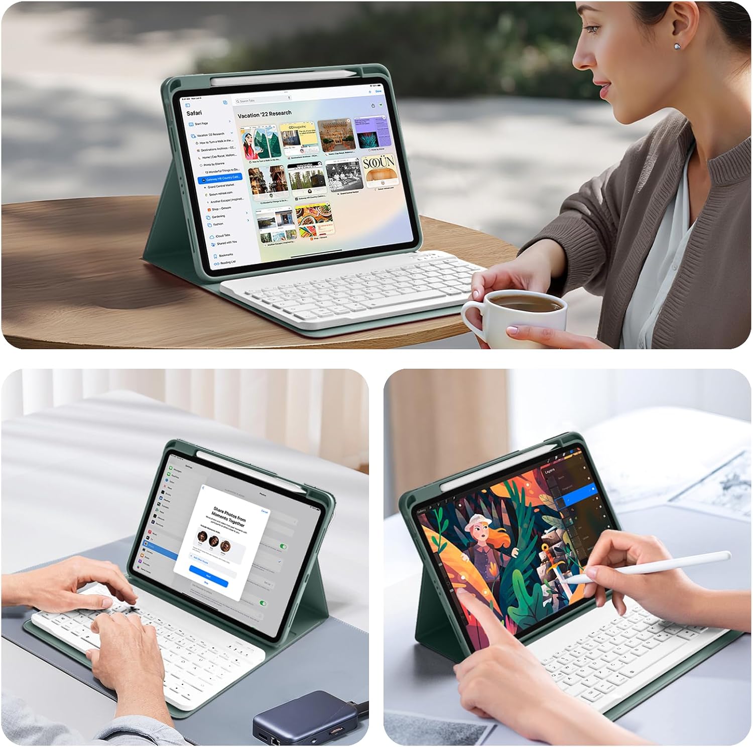 kenke Keyboard Case for iPad 11 Inch A16 2025/10th Generation 10.9 Inch 2022 with Pencil Holder, Stand Folio Detachable Wireless Bluetooth Rechargeable Magnetic Keyboard, Auto Sleep/Wake, Dark Green