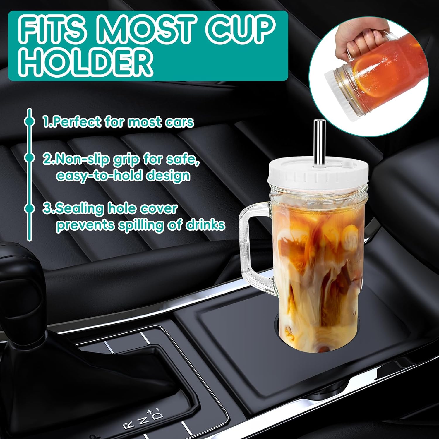 YUANYE 4 Set 24oz Glass Cups with Lids and Strawst, Glass Tumbler With Handle, Wide Mouth Reusable Mason Jars Drinking Glass Set,Ice Coffee Cups for Tea,Juice,Smoothies,Boba Cup for Cold & Hot Drinks