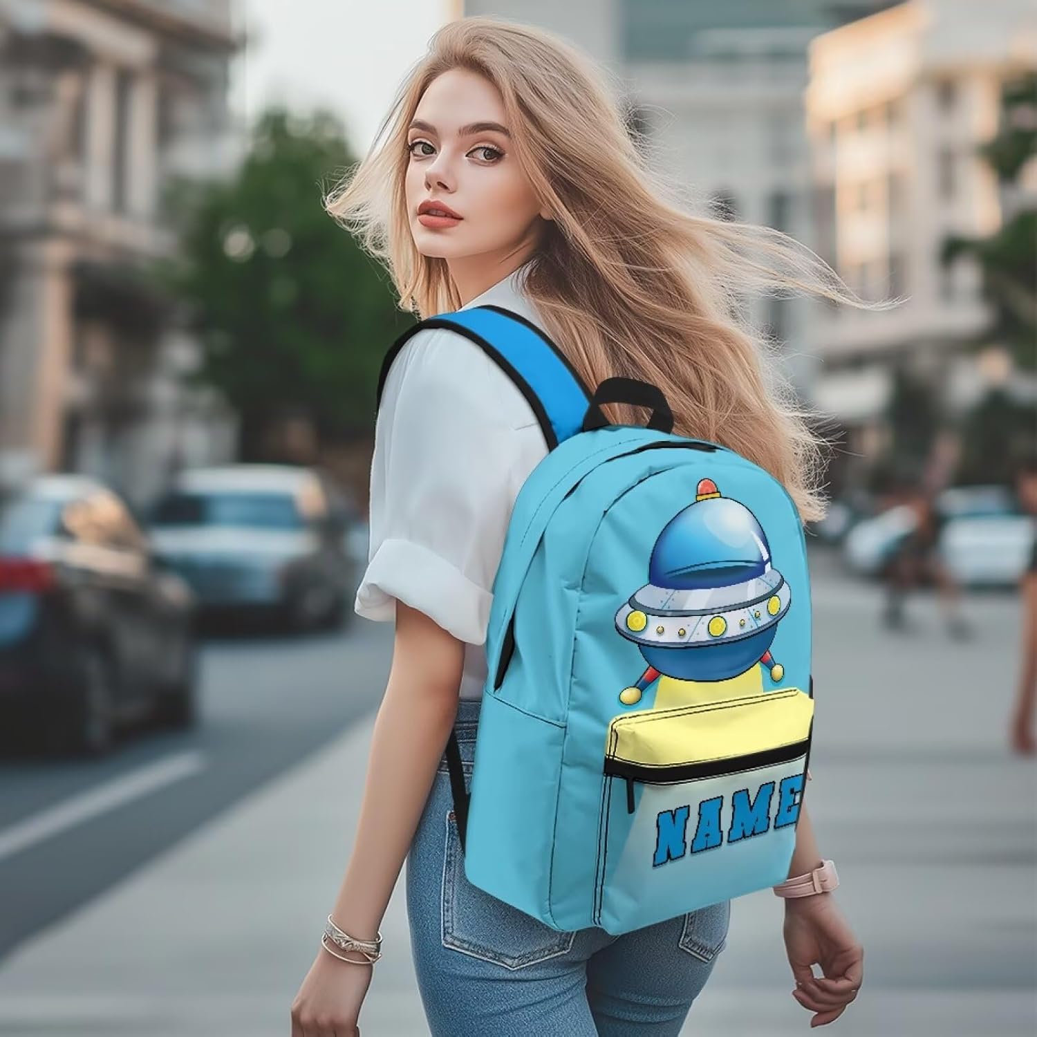 Glowing Spaceship Personalized Kids Backpacks for Boys Customize School Backpack for Boys 6-8 8-12 with Name, Lightweight Bookbag Kindergarten Preschool, Students Teens 17 Inch Custom Bookbags