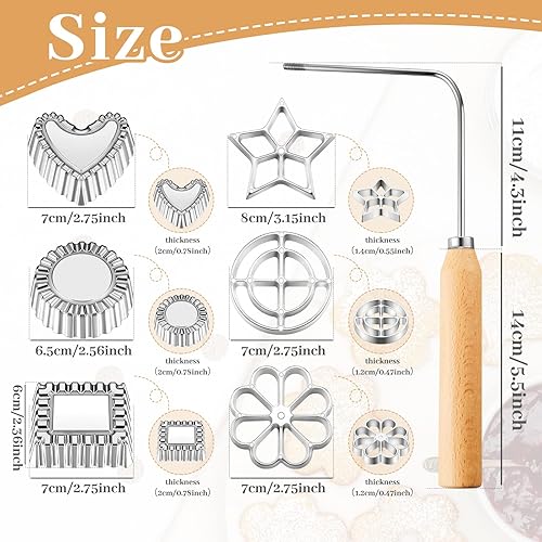 Miniatura 2 de Achappam - Juego de 7 moldes para bunuelos con mango, rosetón de aluminio, fabricante de rosetas de aluminio, corazón, estrella, círculo, cuadrado,