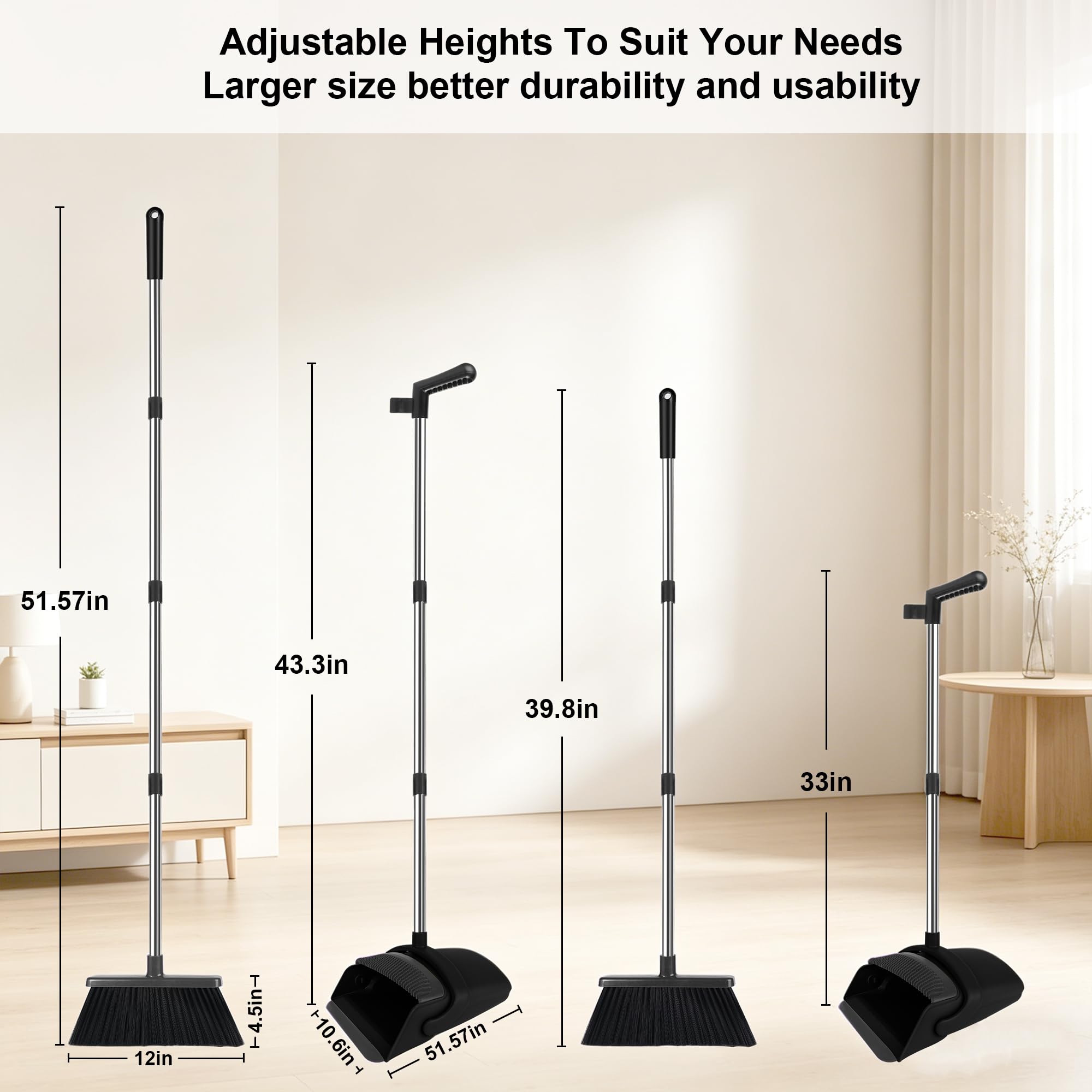 Scopa verticale extra large aggiornata - Lunghezza 144 cm, setole grigie per una migliore pulizia interna ed esterna - Manico in acciaio inox - Soluzione di pulizia per casa, cucina e ufficio