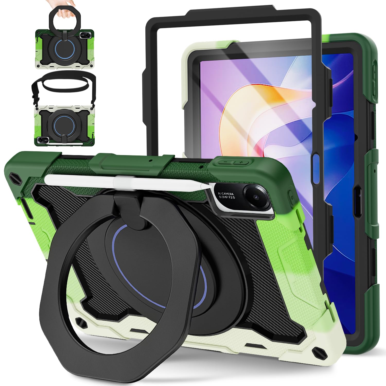 ROISKIN Xiaomi Redmi Pad 2 Case 11 Inch 2025 with Screen Protector, Shoulder Strap, Pen Holder, Heavy Duty Shockproof Military Case for Redmi Pad 2, 360° Rotating Stand for Children, Green Green Redmi Pad 2 11 Zoll 2025
