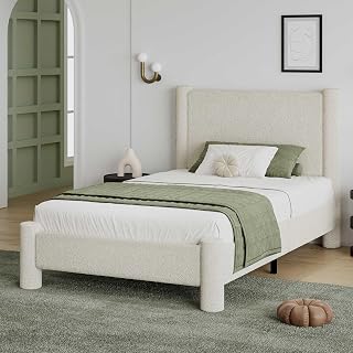 Twin Size Bed Frame, Boucle Upholstered Platform Bed with Headboard and Footboard, Soft Rounded Corners, No Box Spring Required, Easy Assembly, Cream