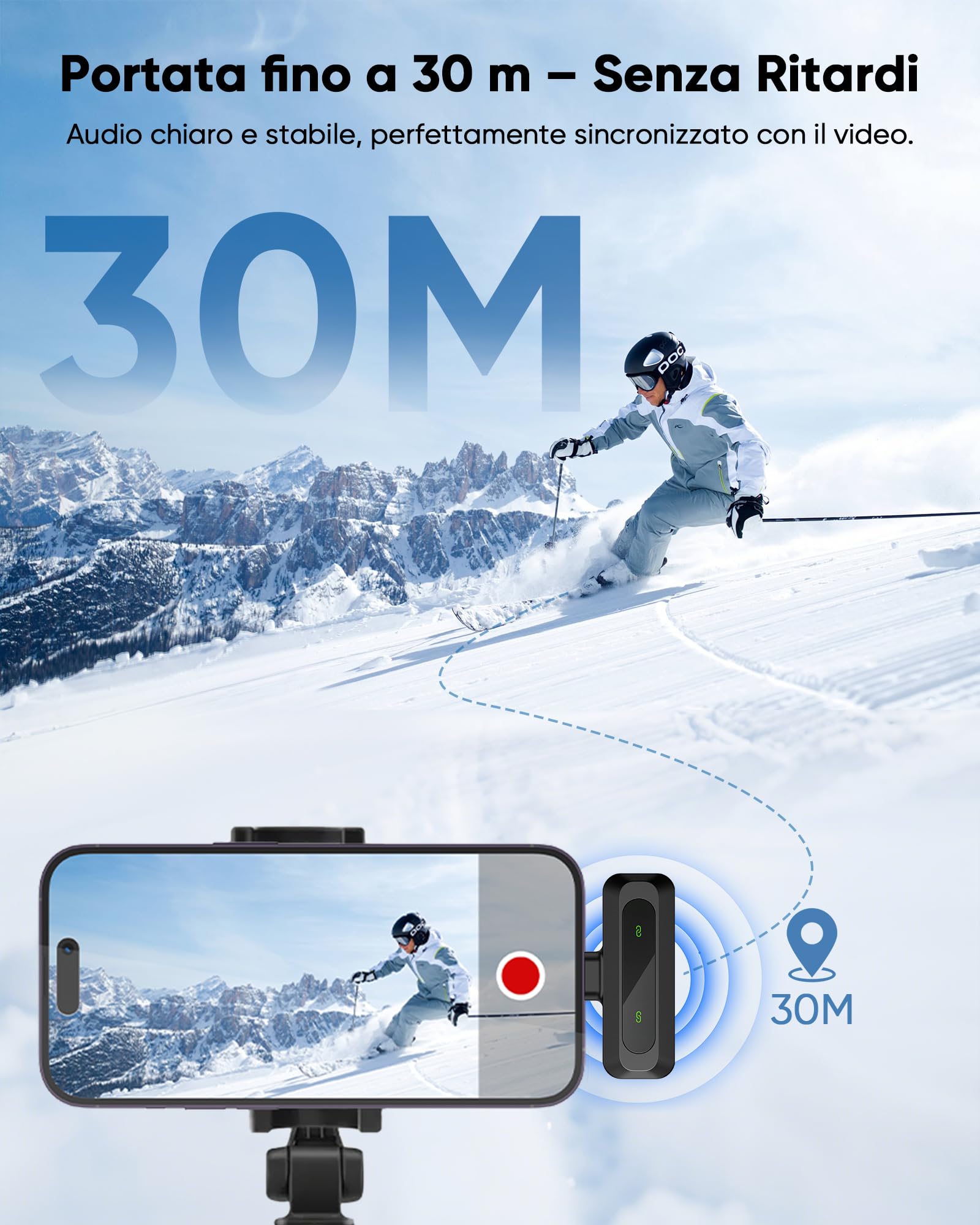 Microfono Lavalier Wireless per iPhone/Android/PC (Lightning/USBC/USB A), 2 Pack LED Display Mini Microfono Bluetooth con Mute/Reverb/Riduzione del Rumore per YouTube/Vlog (USBC+Lightning)