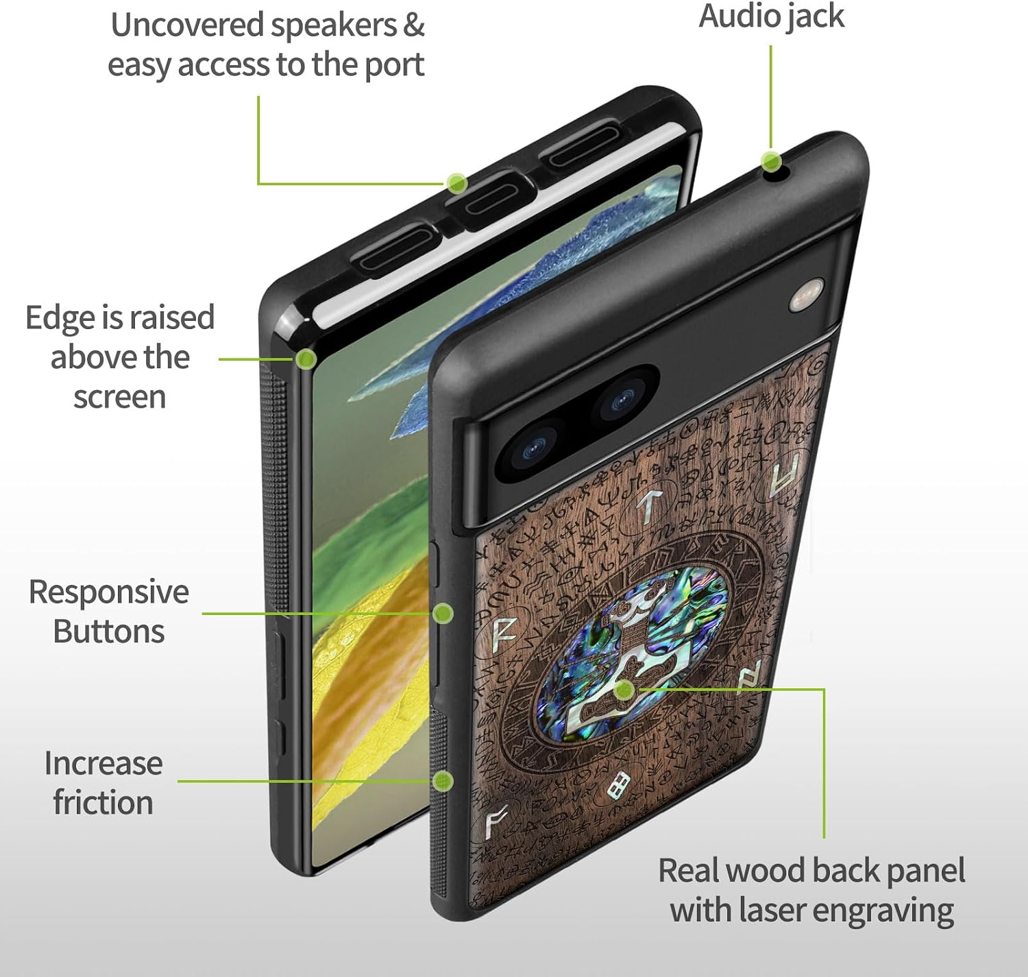 Carveit Designer Wooden Case for Google Pixel 8a Case Cover [Wood Engraving & Shell Inlay] Compatible with Wireless Chargers Pixel 8a (Thors Hammer-Walnut)