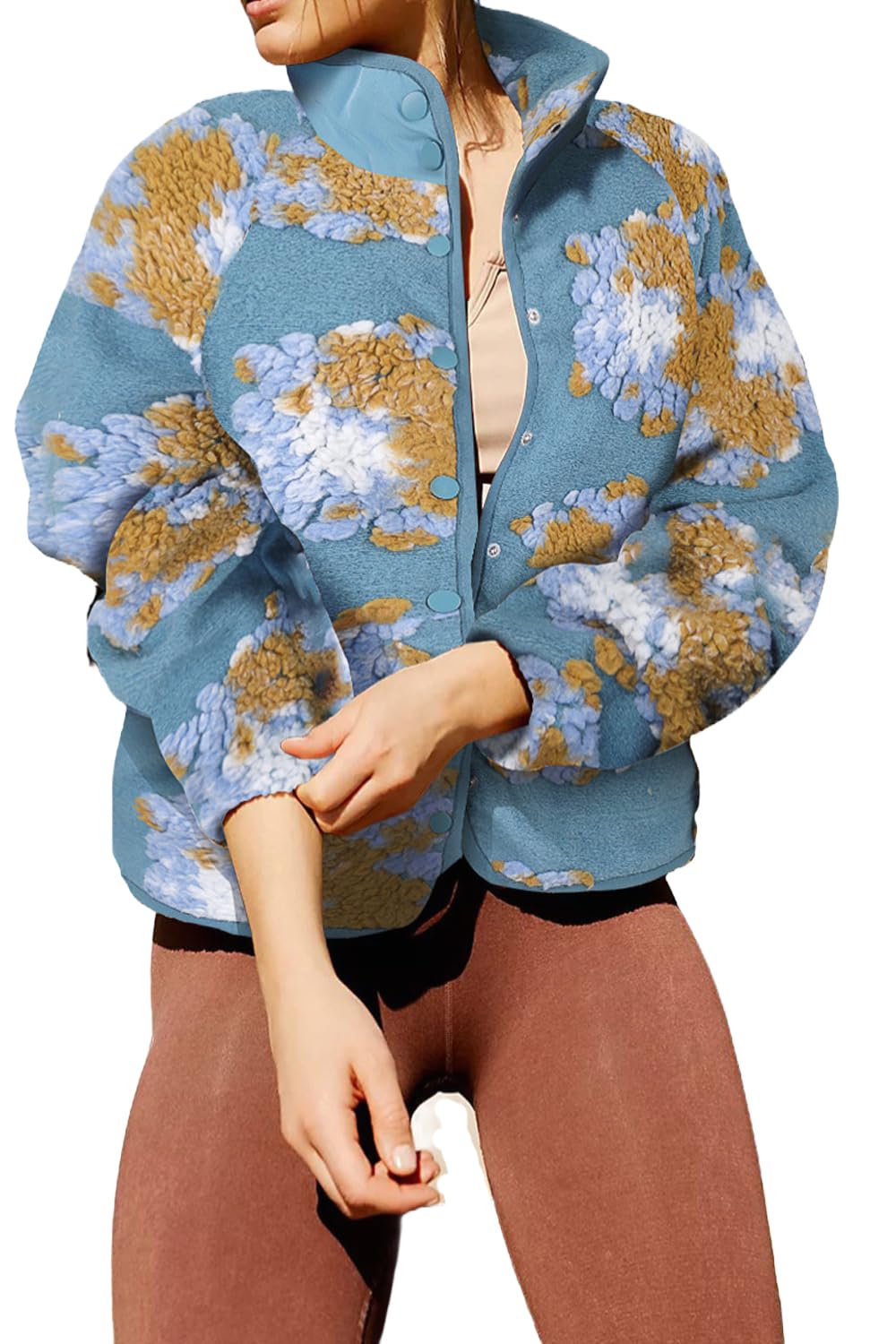 Aoang Floral Fleece Jacket Button Down Shacket Casual Sherpa Coats Warm Outwear
