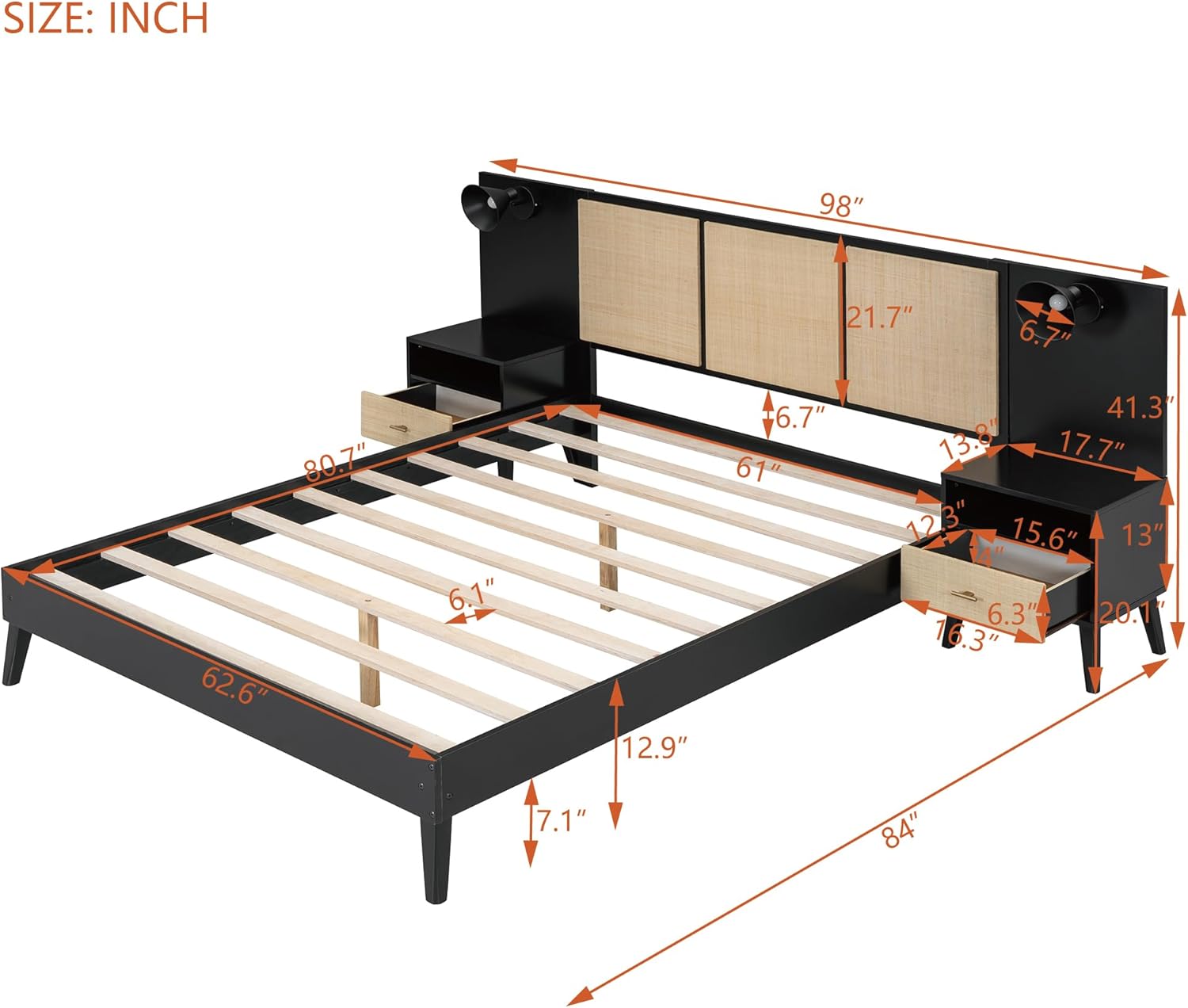 Elegant Design Queen Size Platform Bed with Rattan Headboard, Solid Wood Bed Frame with Built-in 2 Nightstands and Lamps, 3-in-1 Design, Maximize Space Saving (Black-10.11)