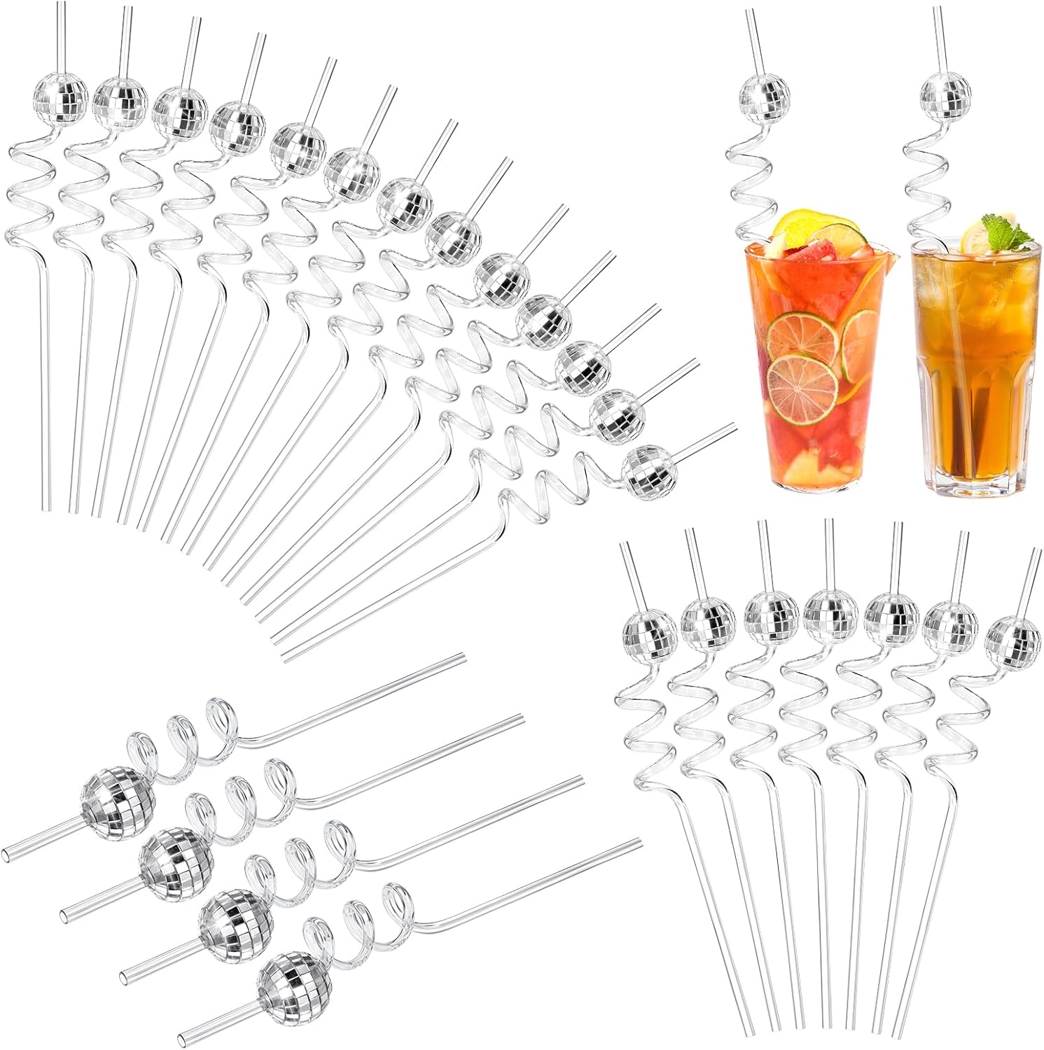 50 Pcs Disco Ball Straws, Reusable 70s Retro Mini Glitter Mirror Silver Disco Ball Party Decorations Straws, Mini Balls Decor Reusable Straw, for 1970s Retro Bar Wedding Birthday Halloween Party