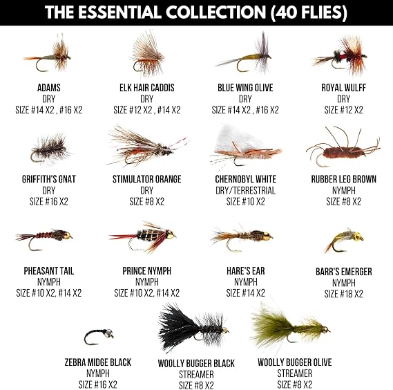 Ventures Fly Co. | 40 Premium Hand Tied Fly Fishing Flies Assortment | Fly Box Included | Dry, Wet, Nymphs, Streamers, Wooly Buggers, Terrestrials | Trout, Bass Lure Set, Kit