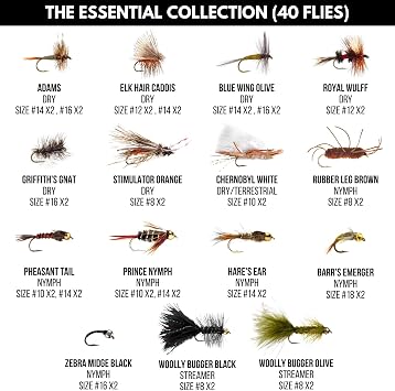 Ventures Fly Co. | 40 Premium Hand Tied Fly Fishing Flies Assortment | Fly Box Included | Dry, Wet, Nymphs, Streamers, Wooly Buggers, Terrestrials | Trout, Bass Lure Set, Kit