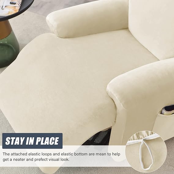 CONRUSER Recliner Chair Covers, 4-Piece Velvet Stretch Recliner Slipcover Single Seat Couch Cover Soft Furniture Protector with Pocket (Beige)