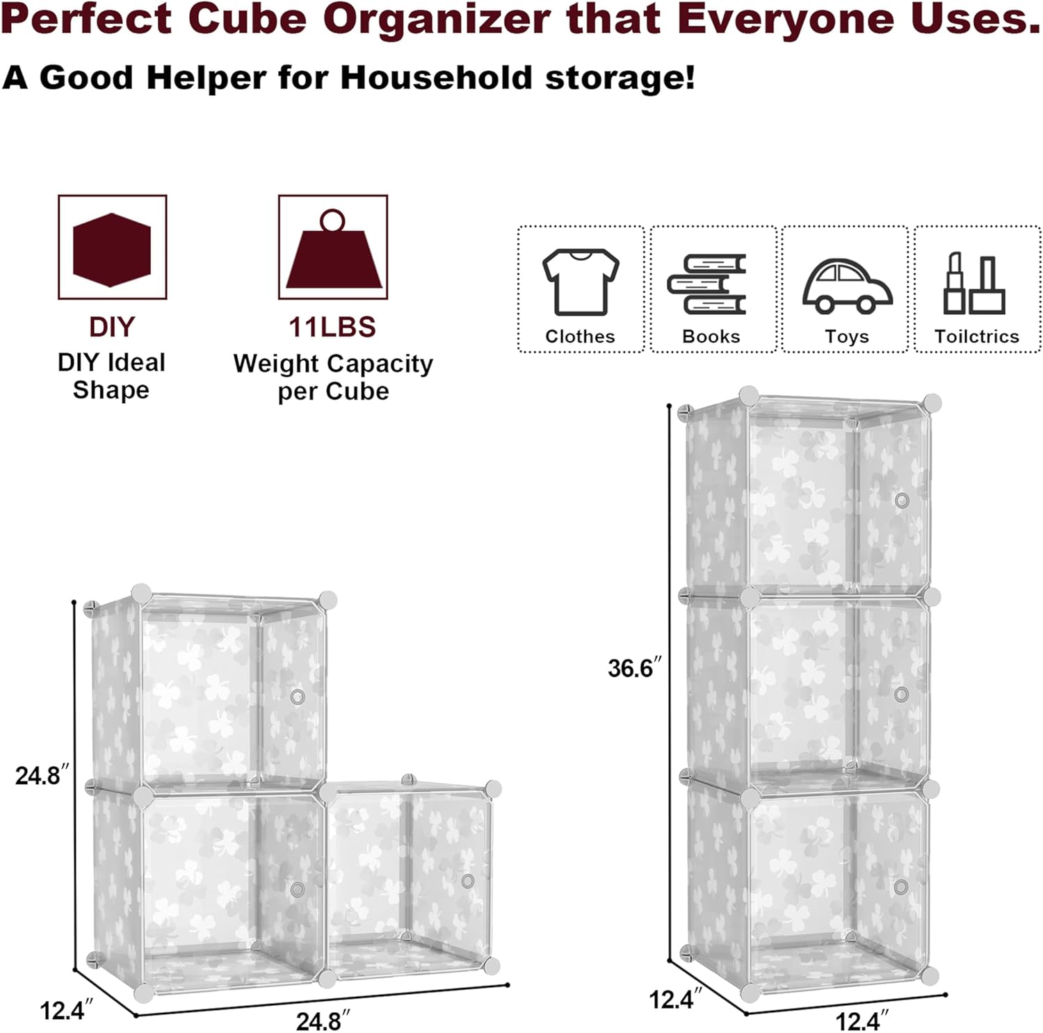 C&AHOME Cube Storage Organizer with Doors, 3-Cube Shelves, DIY Plastic Modular Bookshelf, Closet Clothes Storage Shelving Ideal for Bedroom, Living Room, Clover Embossed, White