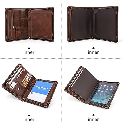 Miniatura 7 de CataPurus Cartera grande de cuero de grano superior de 12.9 pulgadas, diseño vintage, hecho a mano, cartera multifuncional con cremallera de