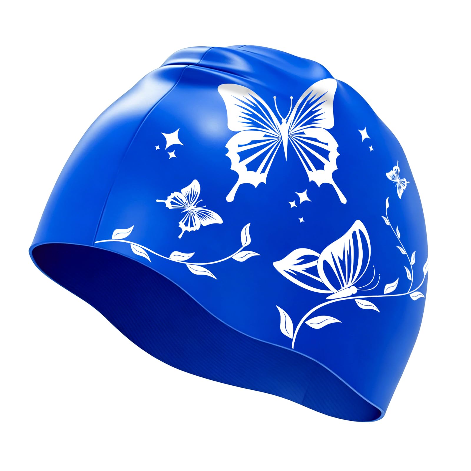 DLseego Silicone Swim Cap for Women,Butterfly Print Durable High Elasticity Swimming Caps Large Swim Hat for Long & Short Hair,Blue