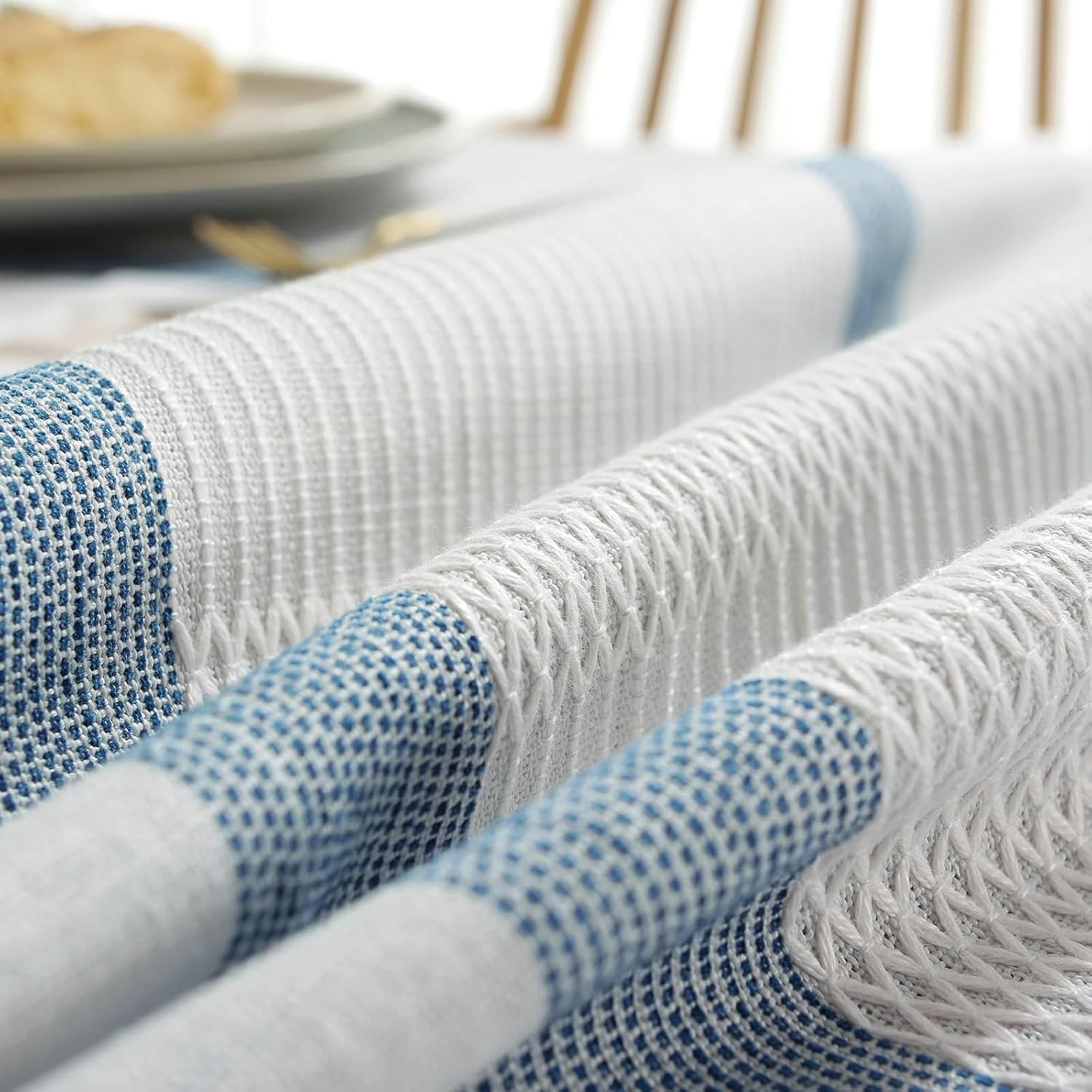 Table Cloth Rectangle Table 100x160 CM(39x63 Inch), Polyester Tablecloths Washable Double Stripes with Tassels Table Cover for Kitchen Dining Table Decorations, Light Blue