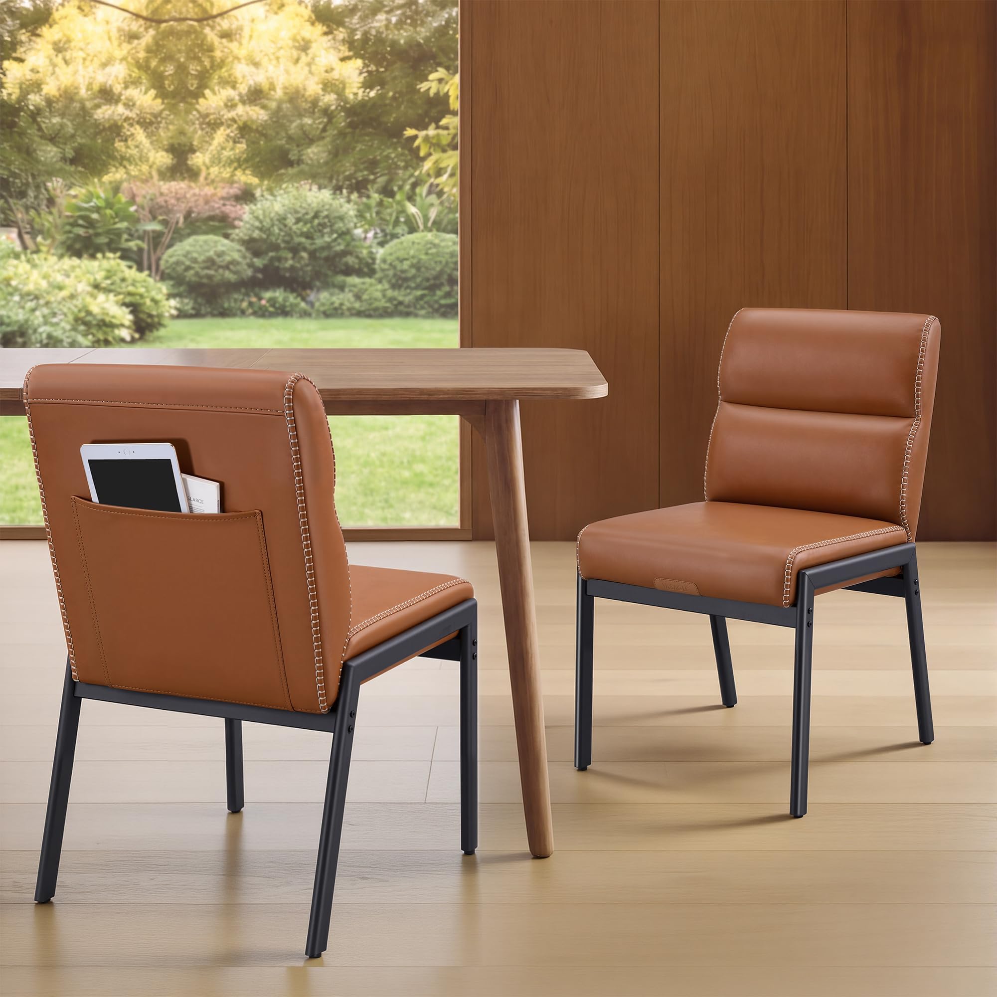 VASAGLE Dining Chairs Set of 2, Upholstered Kitchen Chairs | Synthetic Leather with Stitching, Mid-Century Modern, Easy Assembly, Living Room Lounge, Caramel Brown, EKHO Collection