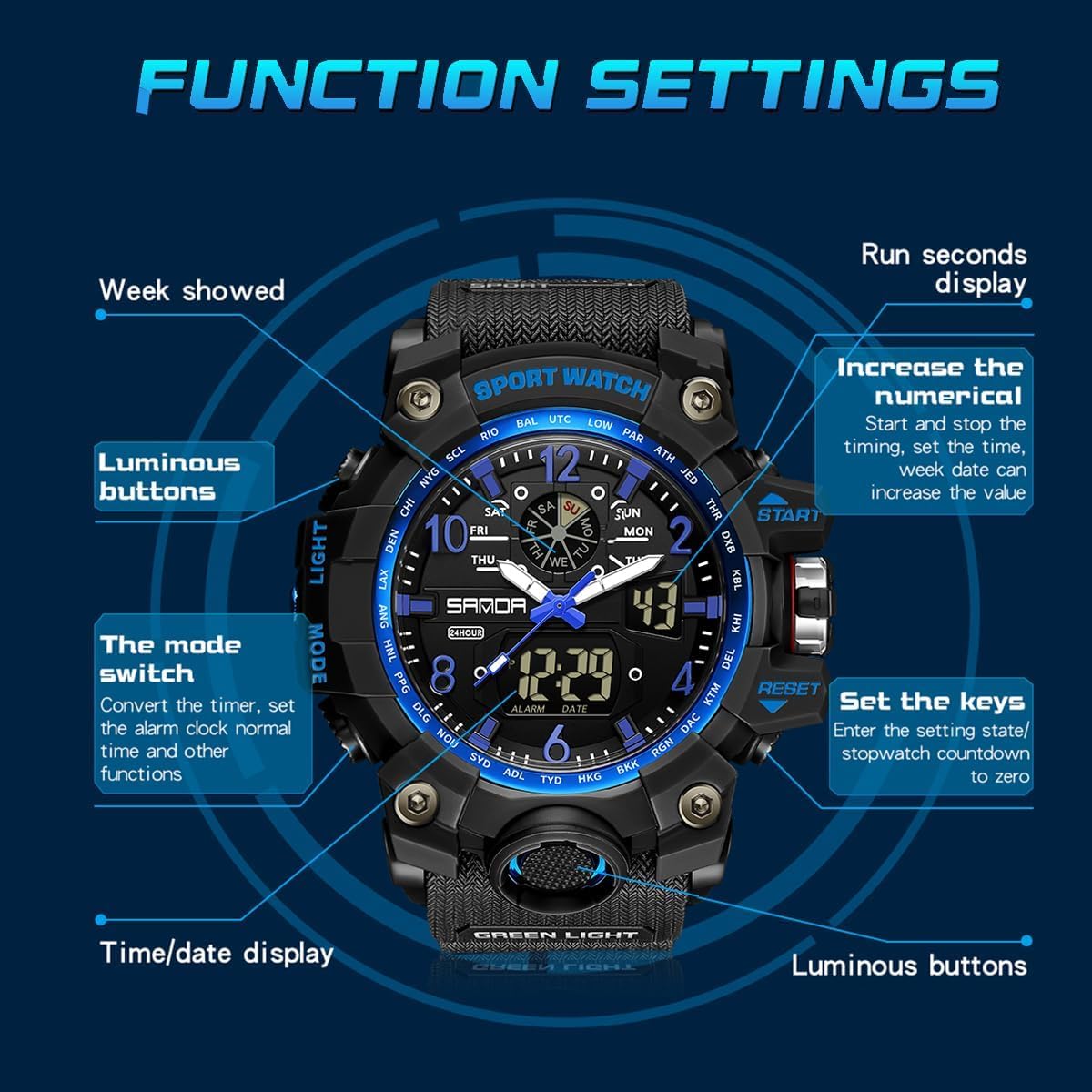 Mens Watches Sports Outdoor Waterproof Military Wrist Watch Date Multi Function Tactics Analog Digital LED Alarm Stopwatch - Image 6