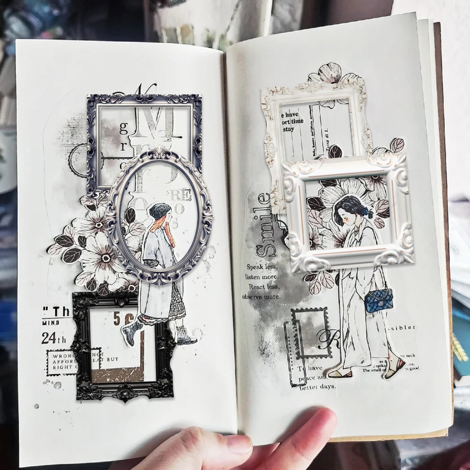 Bomichi Vintage Frame Decorative Stickers, 200 Pcs Scrapbooking Supplies for Bullet Journals, Planners, Letter, Card Album Making, Collage Art, Crafts, Water Bottle - Image 3