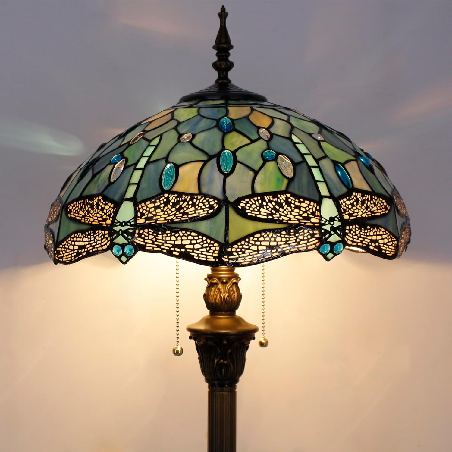 Tiffany Floor Lamp Sea Blue Stained Glass Dragonfly Style 16X16X70 Inch Antique Standing Reading Light