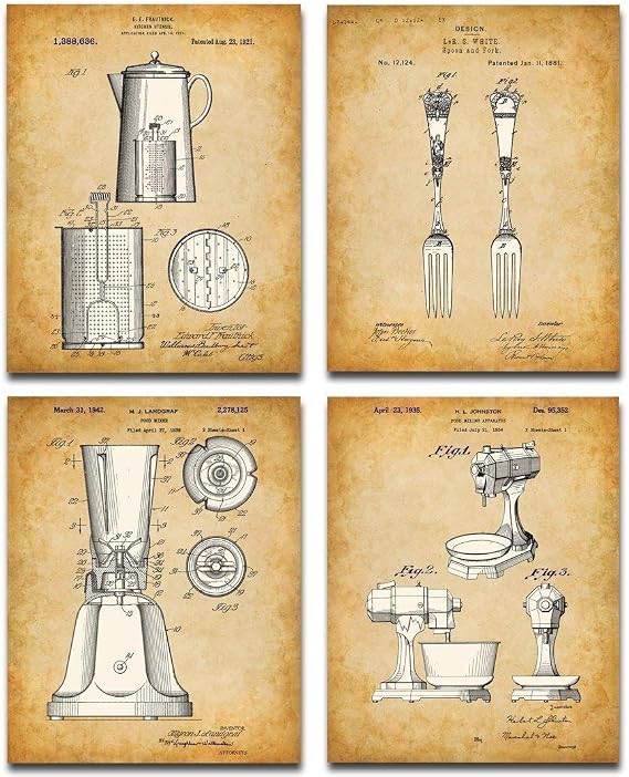 Original Kitchen Patent Art Prints - Set of Four Photos (8x10) Unframed - Makes a Great Kitchen or Diner Decor and Gift Under $20