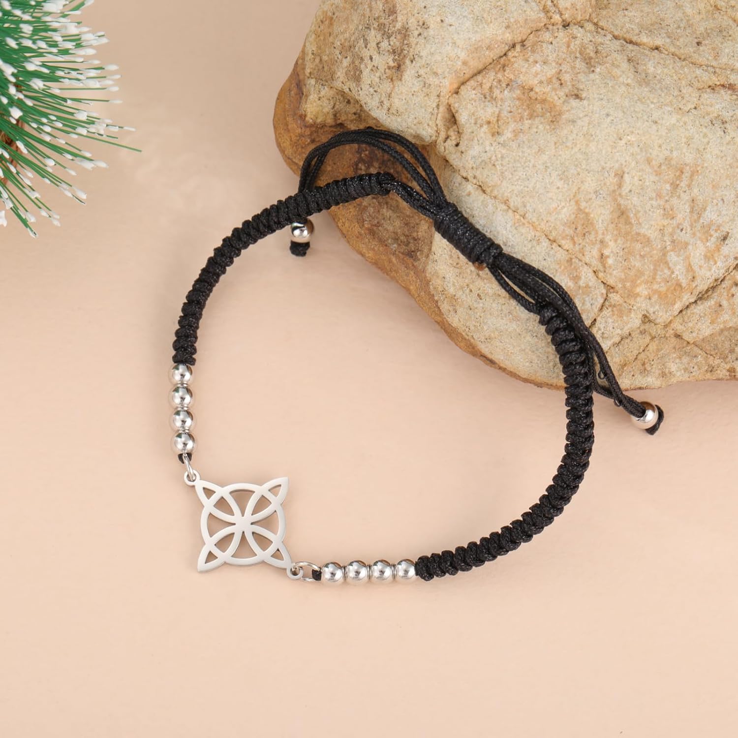 kkjoy Witches Knot Adjustable Braided Rope Bracelet Stainless Steel Celtic Triangle Knot Wiccan Symbol Bracelet Magic Knot Witchcraft Amulet for Women Charming Ladies - Image 2