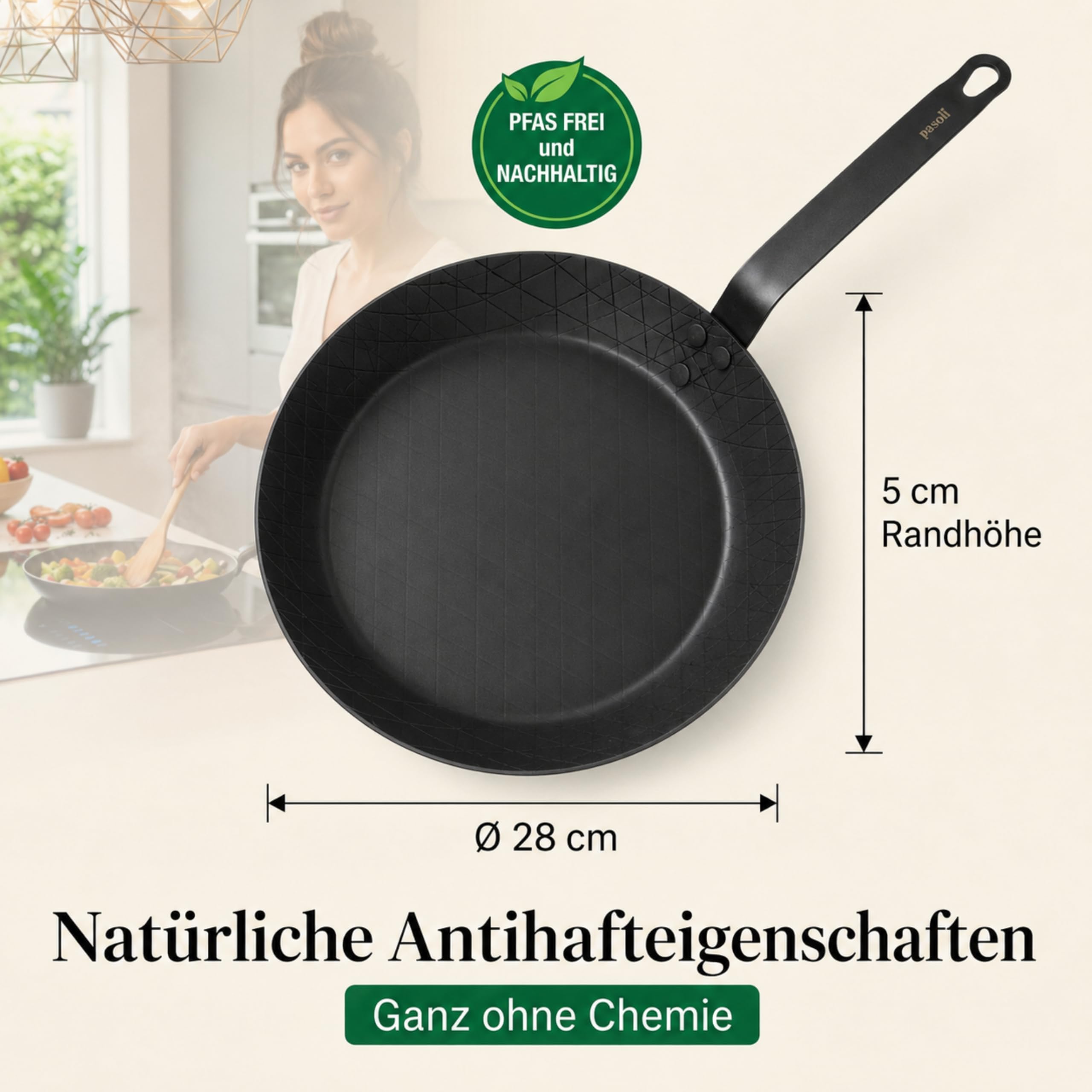 pasoli Carbonstahl Steak-Pfanne 28 cm – voreingebrannt, ohne Griffschutz, Induktion, Gas & Elektro kompatibel, kratzfest, ofenfest, Steakpfanne schwarz