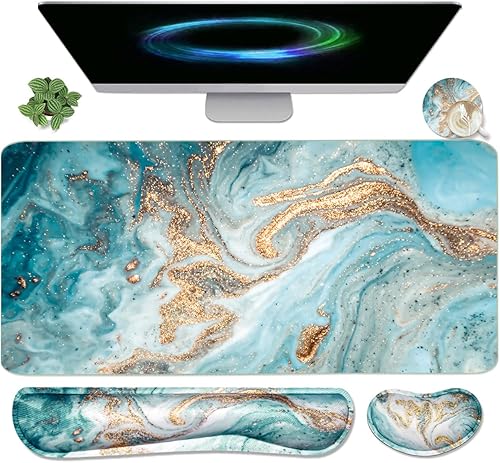 Miniatura 14 de Juego de Alfombrilla de Ratón y Teclado, Alfombrilla de Ratón Extendida + Soporte de Reposamuñecas para Teclado, Espuma Viscoelástica Ergonómica de