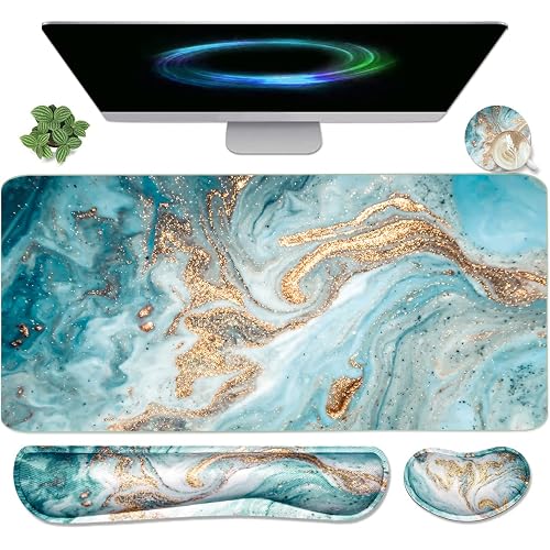 Keyboard Mouse Pad Set, Extended Mouse Pad+Keyboard Wrist Rest Support, Memory Foam Ergonomic Easy Typing, 3Pcs (35.4×15.7 in) Desk Pad Set for Home Office Study Game-Green Marble