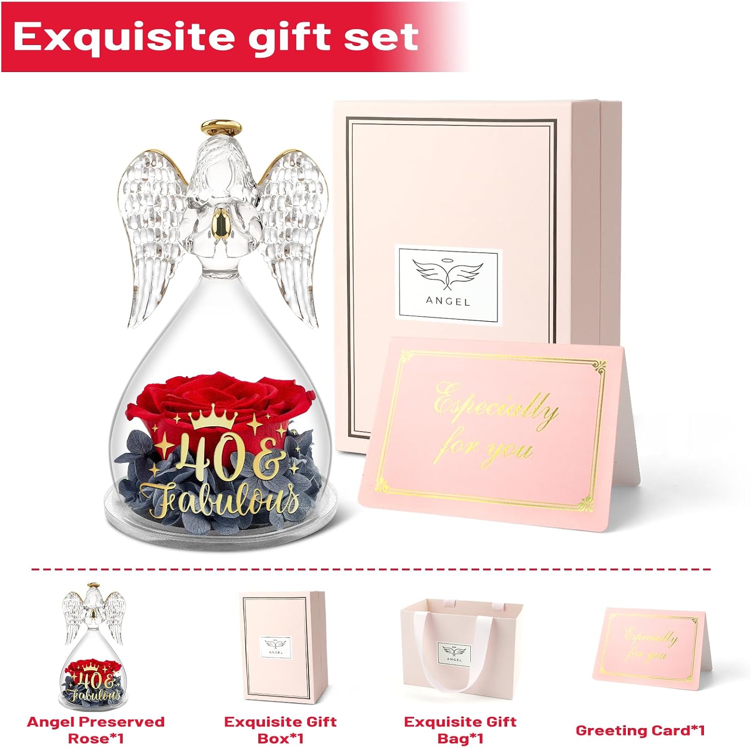 Yamonic Angel Rose Figurines - 40th Birthday Gifts for Women, Real Rose Glass Angel Gifts for 40, Set for Friend, Coworker, Sister, Wife, Mom, Aunt, Grandma, Bestie