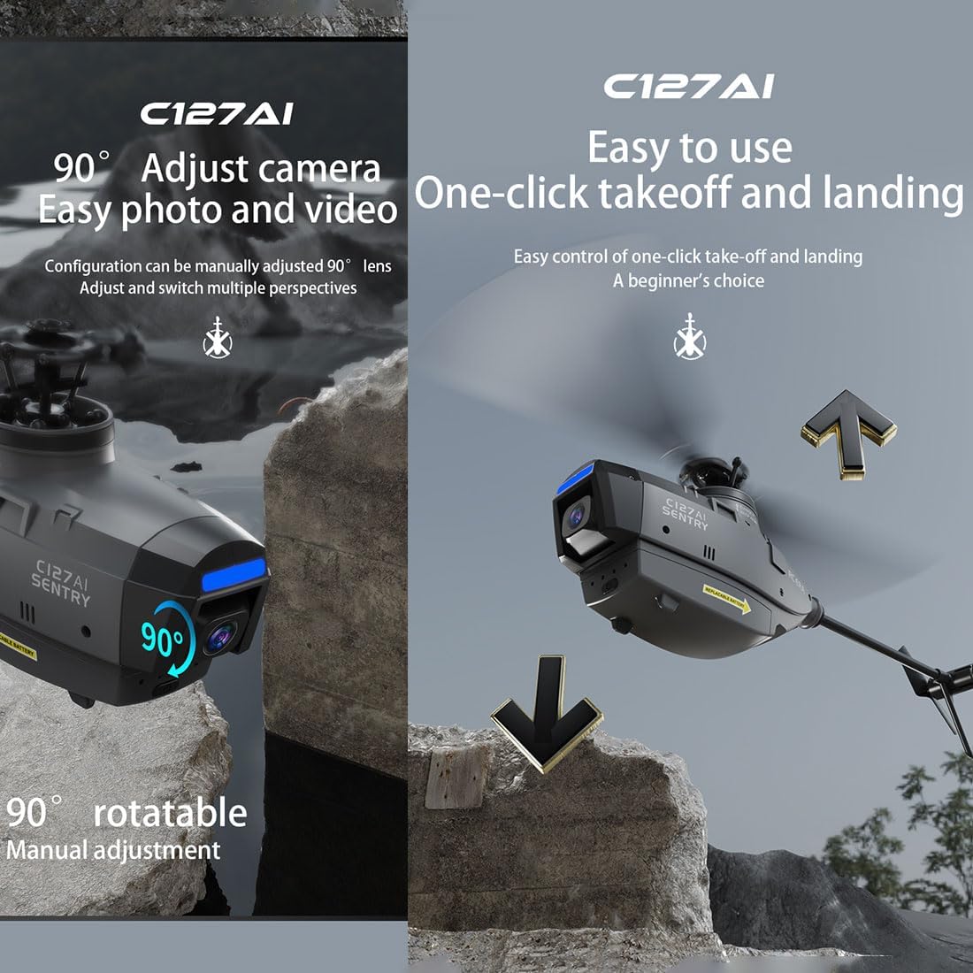 C127AI RC Helicopter with 1080P HD Camera, 2.4G 4CH Remote Control Helicopter with Camera for Adults, Single-Rotor Brushless RC Aircraft Without Aileron Indoor Outdoor-RTF (Black(3 Batteries))