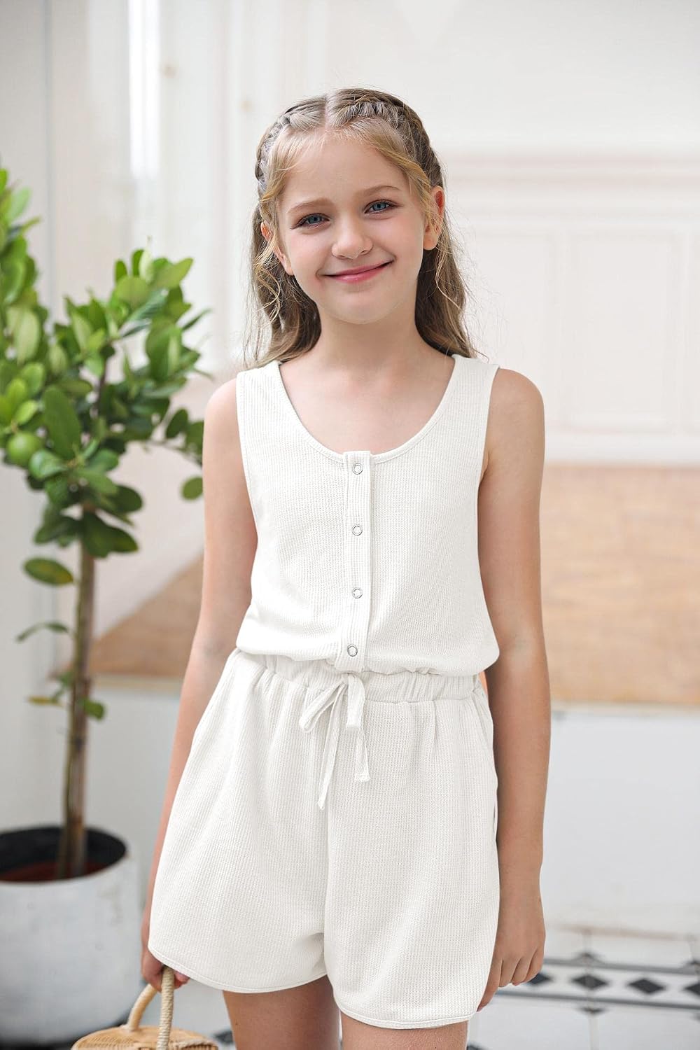 Fashare Girls Summer Rompers Button Down Sleeveless Scoop Neck One Piece Jumpsuit Adjustable Waist Shorts with Pockets