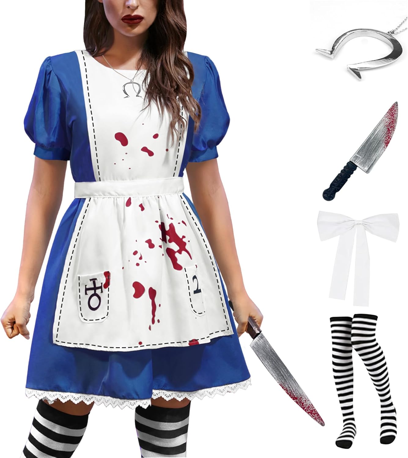 For G and PL Halloween Women Aliec Adult Novelty Dress One Piece Puff Sleeve Apron Broken Bloody Cosplay Scary Costume Blue L