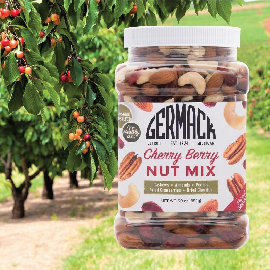 Germack® - Cherry Berry Nut Mix - Cashews, Dried Cranberries, Michigan Dried Cherries, Almonds, and Pecans - Unroasted and Unsalted (30oz Jar)