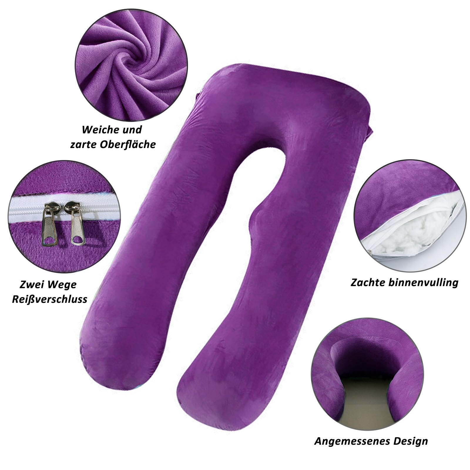 CALIYO Almohada de maternidad de 2 piezas en forma de U, almohada para dormir de lado con funda, cojín de lactancia grande, almohada de lactancia y cojín cómodo para adultos (lila, terciopelo