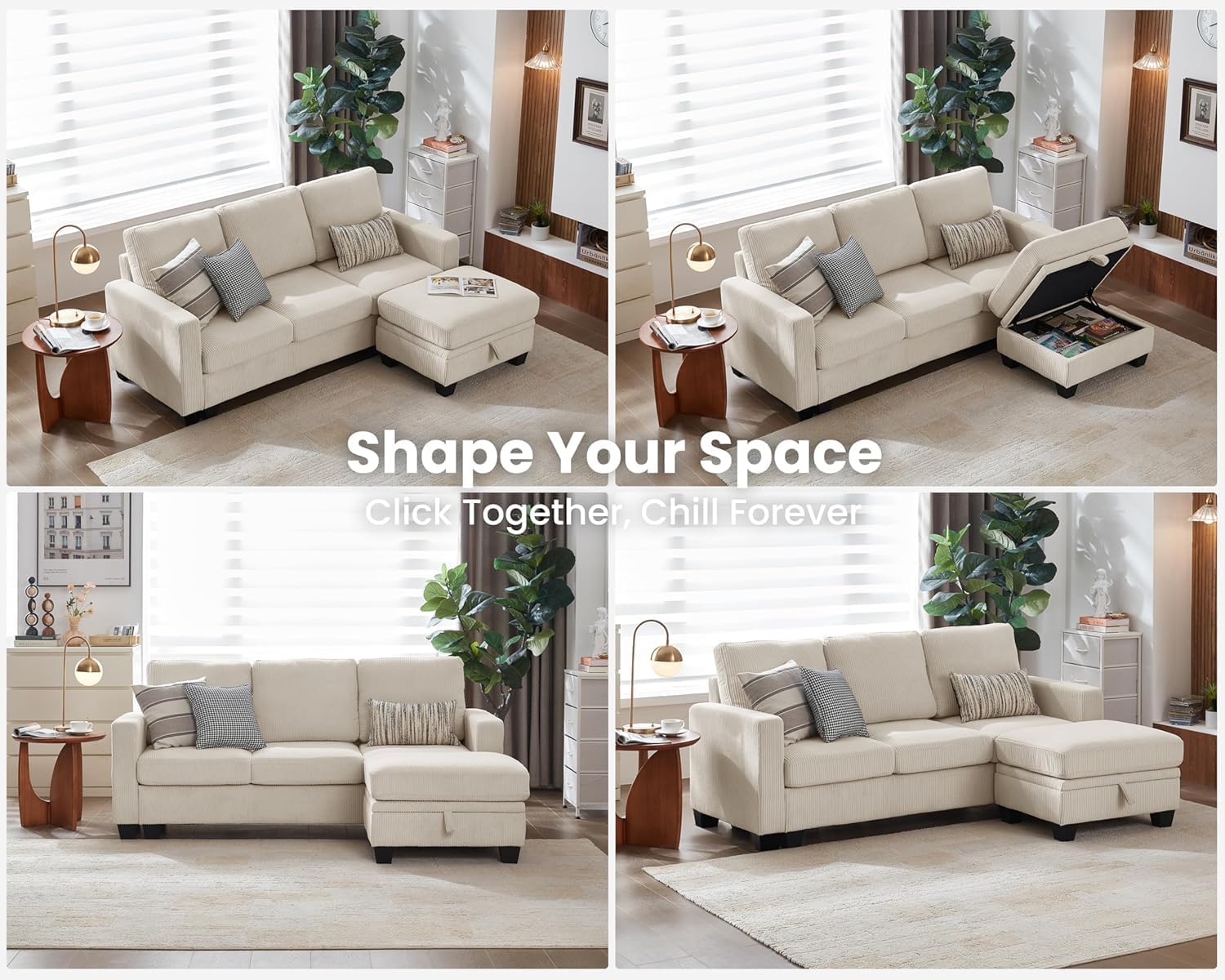 Four different configurations of the CHIC HOUSE KALEIDO sofa, demonstrating its modularity. Examples include an L-shaped sofa with the ottoman on the right, an L-shaped sofa with the ottoman on the left, and a U-shaped configuration.