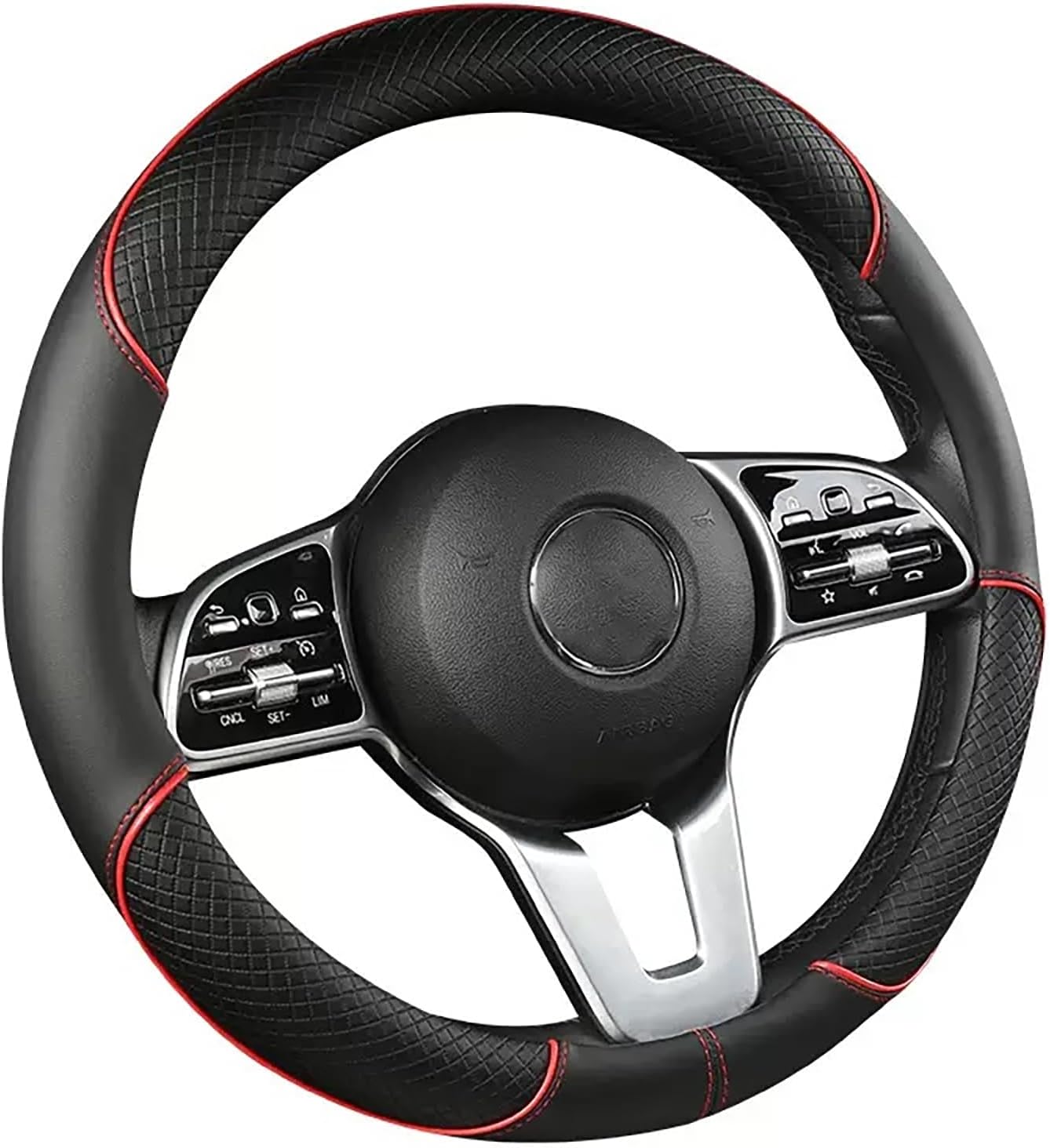 Steering Wheel Cover, Premium Nappa Leather Non-Slip Breathable Grip, Universal Fit for Car SUV Truck, 14.5-15 Inch (37-38.5 cm) (Black and Red)