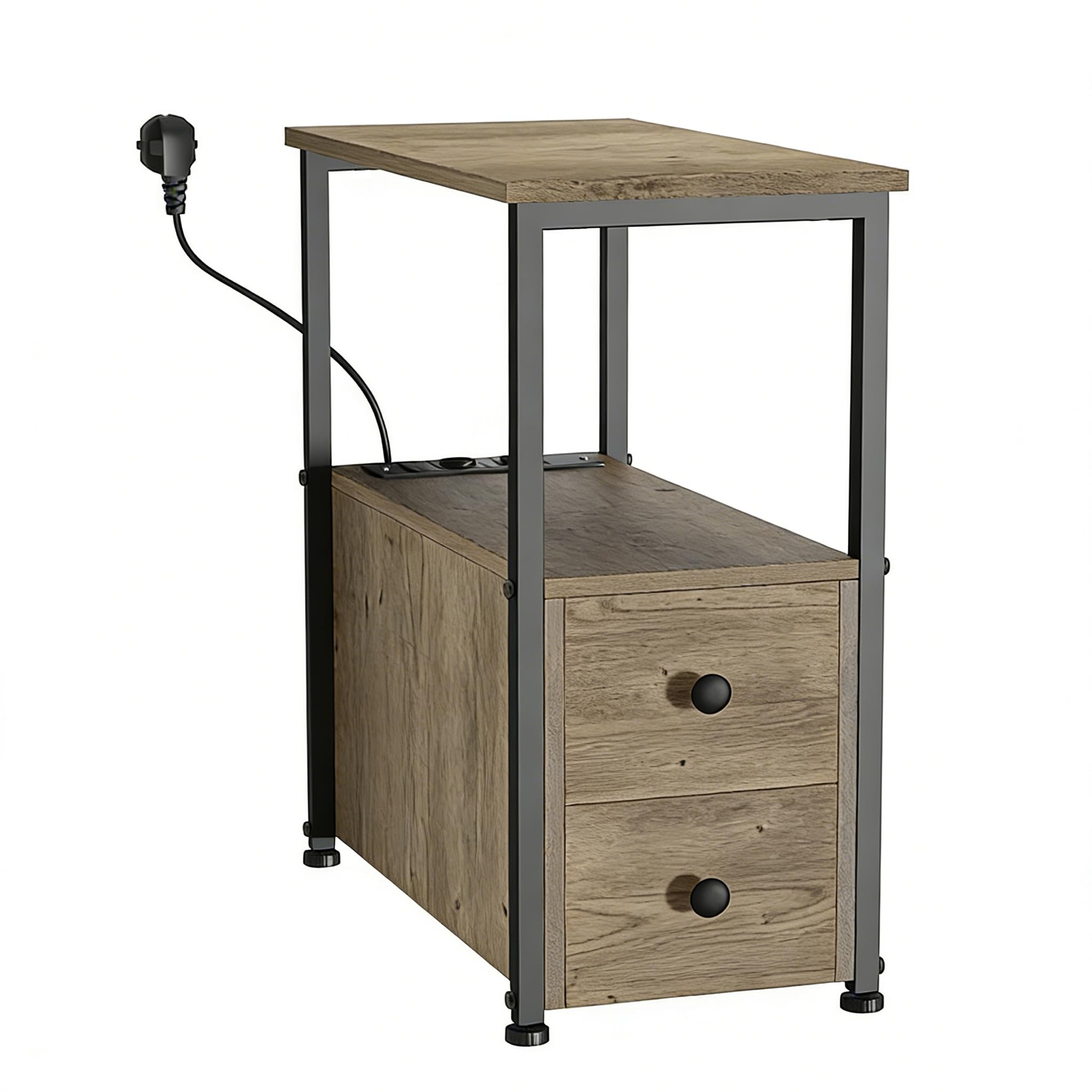 Mesita de Noche con Enchufe, Mesa Auxiliar con 2 cajón, Dormitorio Estrecha Mesitas de Noche, Organizador para Dormitorio, Sala de Estar Gris
