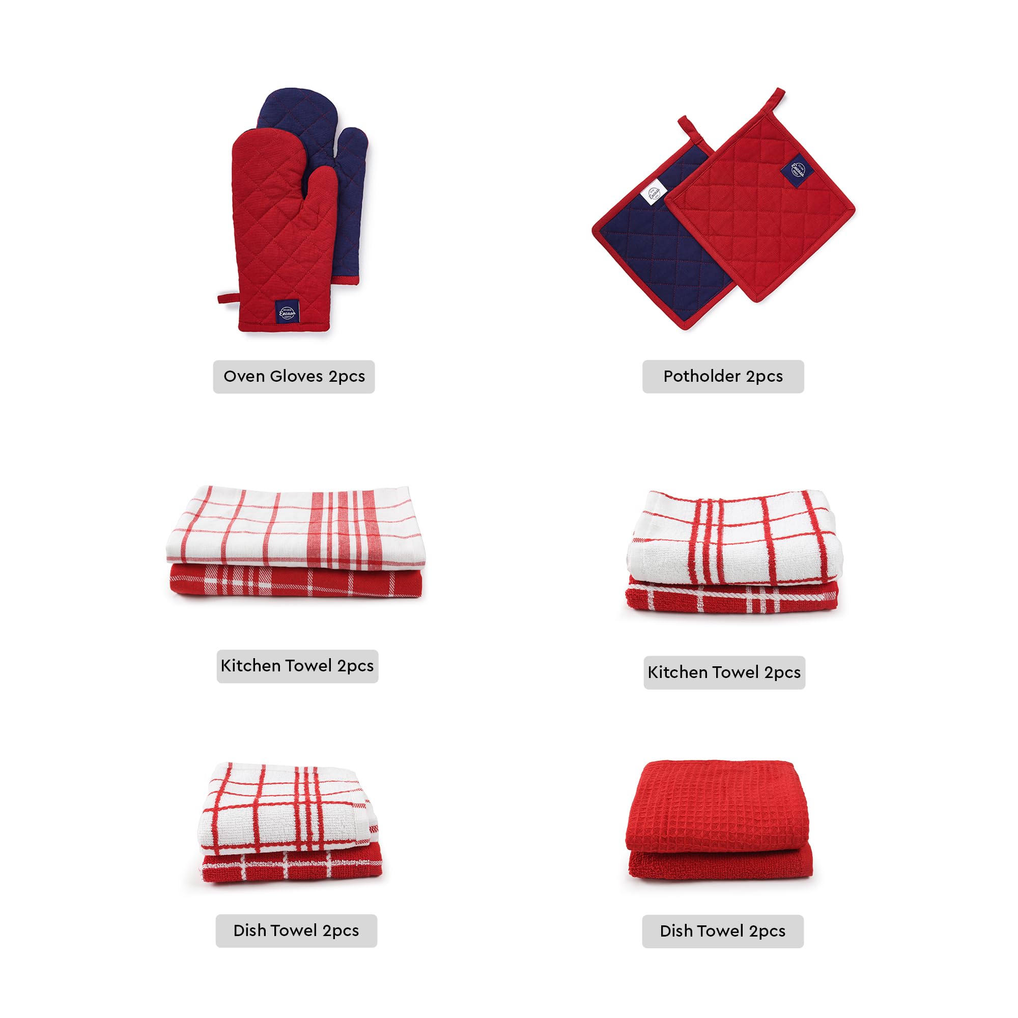 Encasa XO Kitchen and Dish Towels - Oven Mitts - Pot Holder Set of 12 Pc - Pure Cotton - Dishcloths Red Combo - Image 2