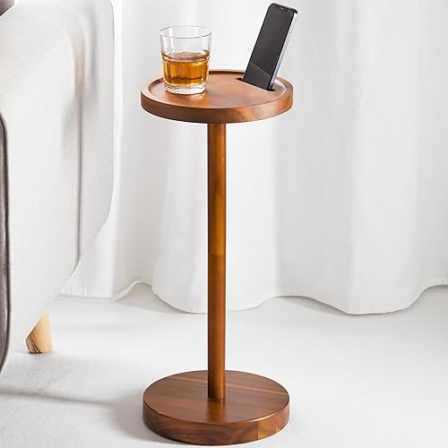 Mesa de bebidas, mesa auxiliar compacta de 24.4 pulgadas de alto con ranura para teléfono y base pesada, mesa de pedestal duradera para sala de