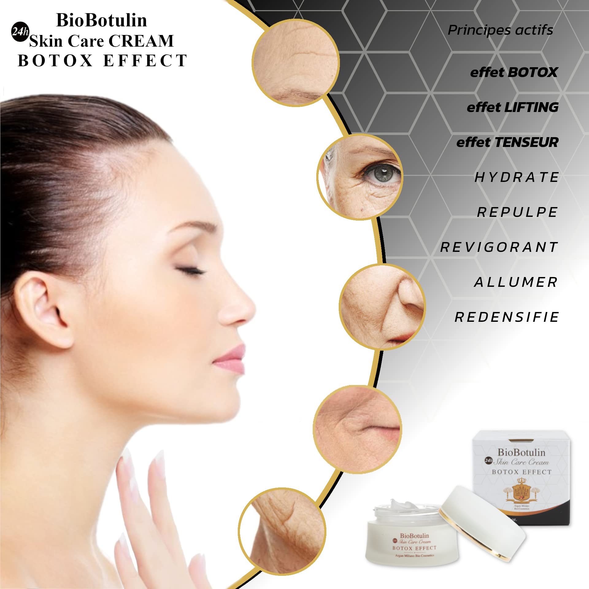 BioBotulin 24h Skin Care CREAM - 50 ml - crème anti-rides pour le visage, le cou et le décolleté - Ingrédients : Acmella Oleracea, Acide Hyaluronique 3P, Argan, Collagène, Aloe Vera