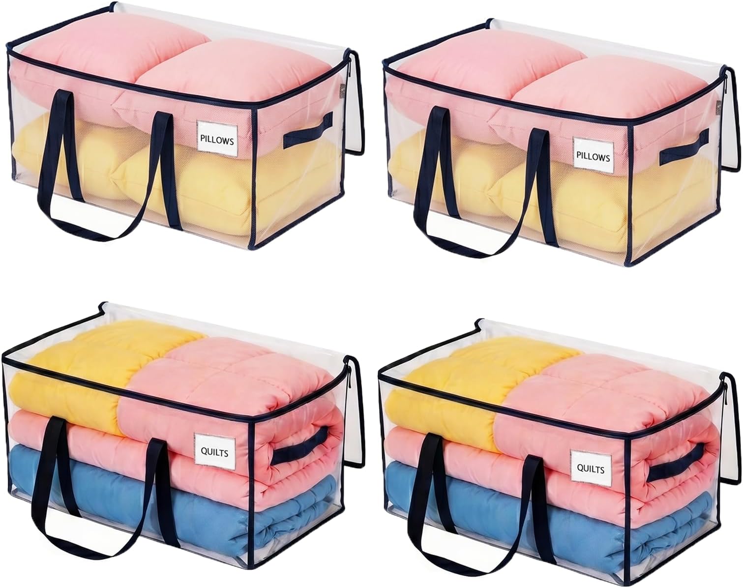 VENO 4 Pack Extra Large Moving Storage Bags with Zips, Heavy-Duty Organizer Tote, Moving Box Alternative, Packing Supply, Clothes Storage Bin, Tag Pocket for Label, Water-Resistant (Clear, 4 Pack)