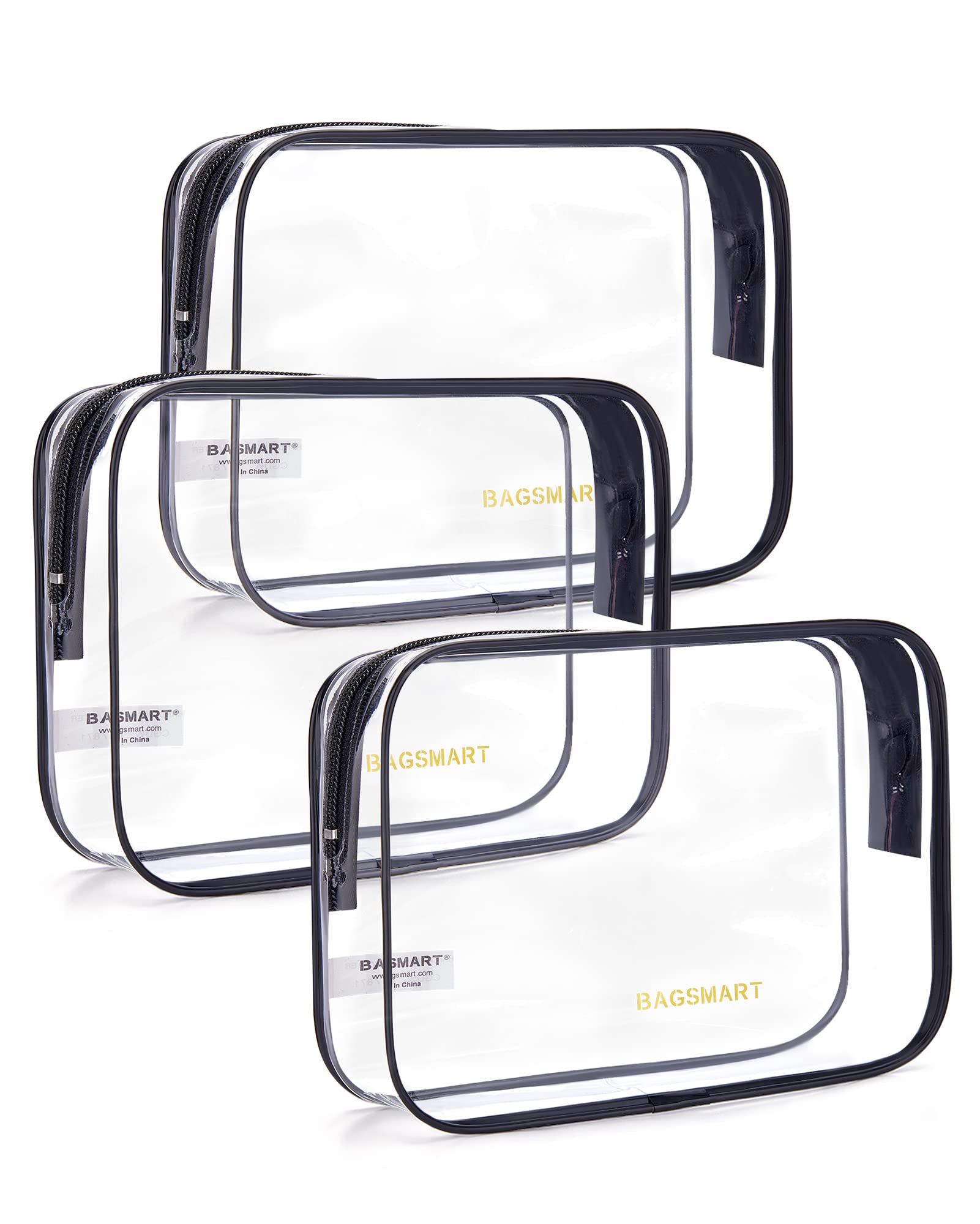 BAGSMART Clear Toiletry Bag, 3 Pack TSA Approved Travel Toiletry bag Carry on Travel Accessories Bag Airport Airline Quart Size Bags Water Repellent Makeup Cosmetic Bag for Women, Black-3pcs, Tsa