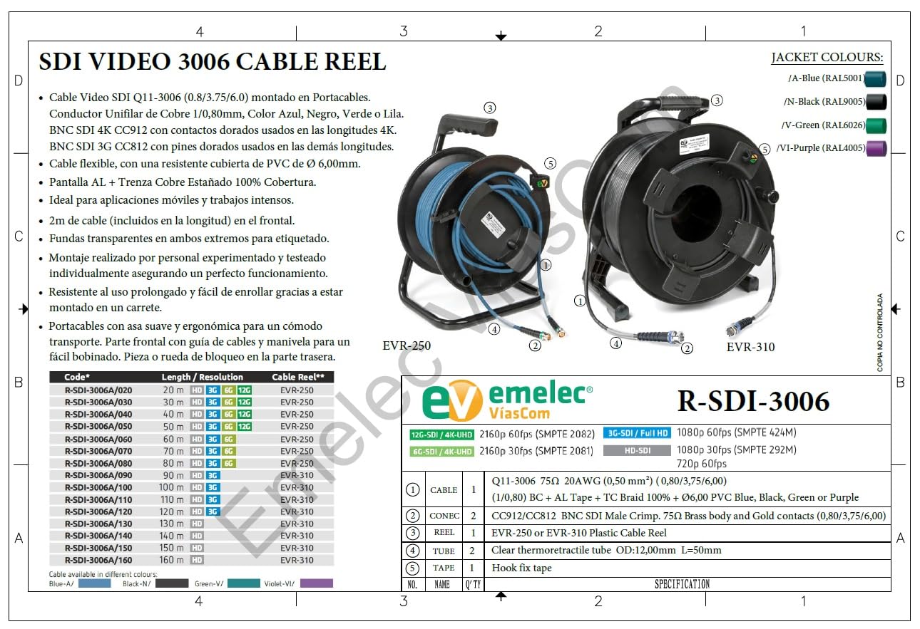 Emelec VíasCom R-SDI-3006VI/120 – 120 m kabel wideo 3G-SDI (0,8/3.75/6.0) do montażu na kablach z BNC 3G-SDI – jednoprzewodowy – fioletowy – elastyczny PCW